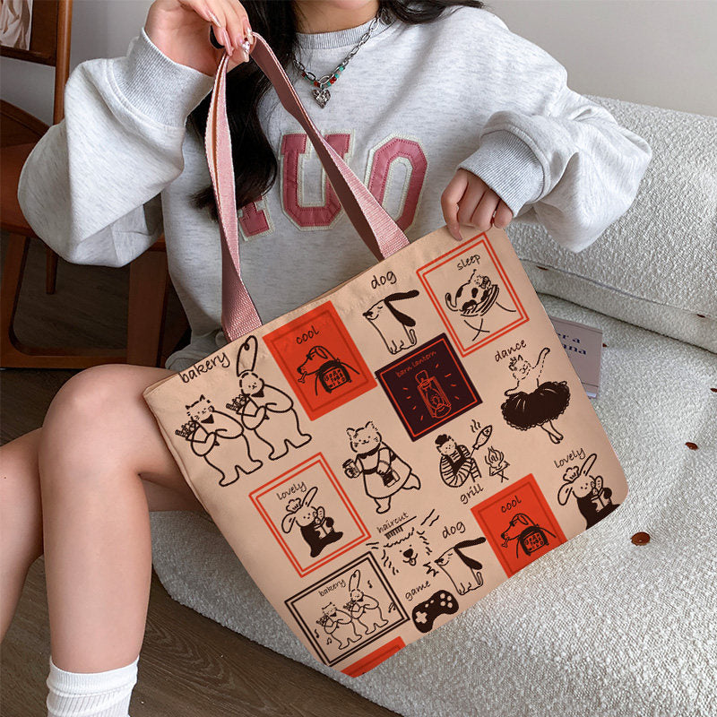 Women Canvas Tote Bag with Cartoon Design