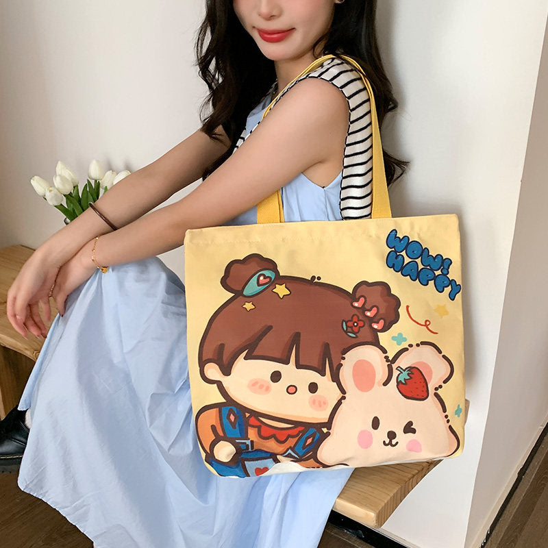 Women Canvas Tote Bag with Cartoon Design